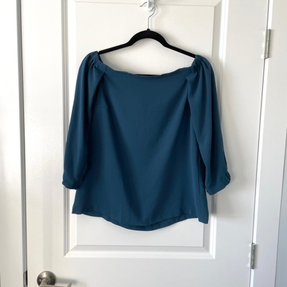 Like New ✨ Aritzia Babaton Rodrigo Sz S Teal Crepe Off Shoulder Chiffon Blouse